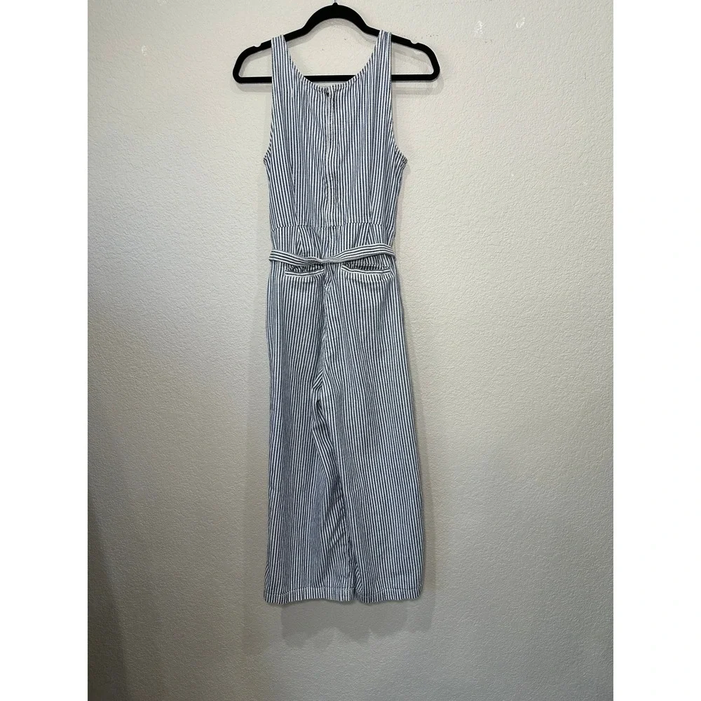 Madewell‎ Blue White Striped Sleeveless Wide Leg Jumpsuit Size 6 Belted Pockets